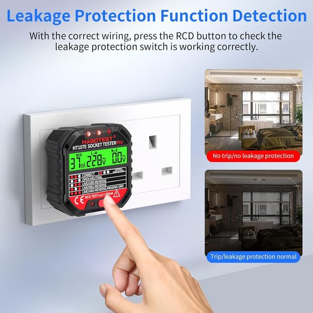 Detalle 2 de HT107E Socket Tester RCD Plug Outlet Tester UK with LCD display