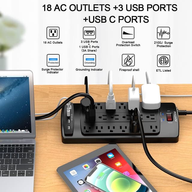 Detalle de POWSAV 18-Outlet Surge Protector Power Strip (6-Foot Flat Plug, 4 USB) — ETL Listed