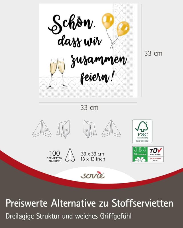 Thumbnail 5 de Sovie Einmalservietten Sekt 100 Stück 33 x 33 cm 🎉