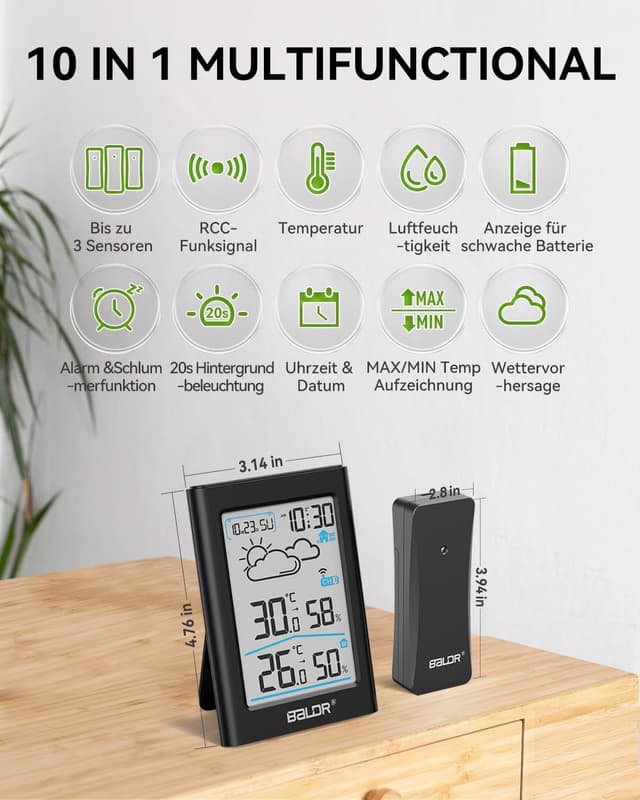 Detalle 2 de BALDR Wetterstation Funk mit Außensensor 3.7 Zoll 📟