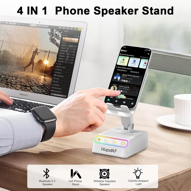 Detalle de Hupoaf phone stand with Bluetooth speaker (4-in-1) for birthdays, Christmas and everyday use