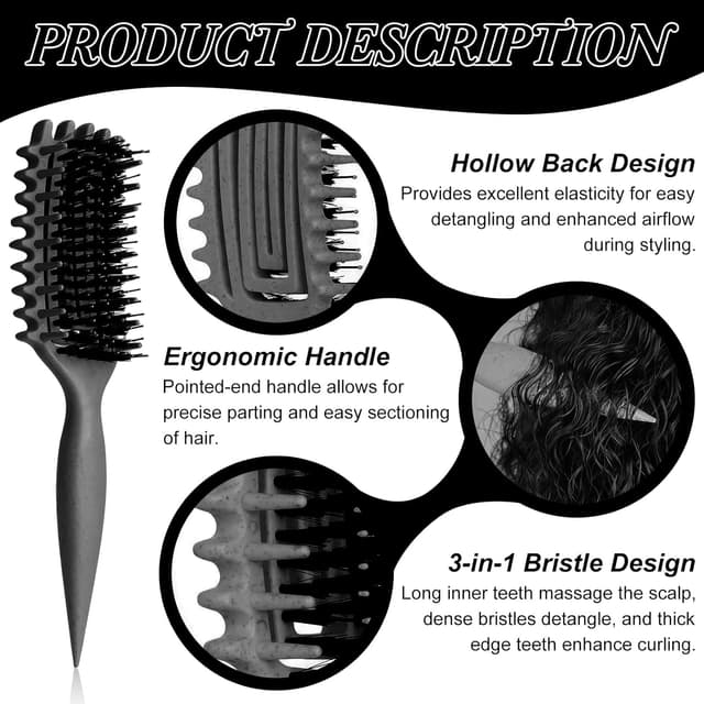 Detalle de Brosse à boucles noire pour démêlage doux (poignée ergonomique, antistatique)