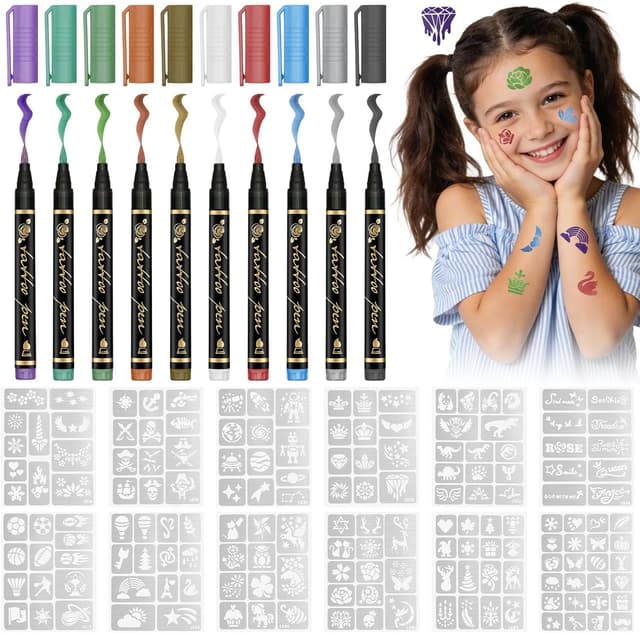 Detalle de AYBUY Set di penne per tatuaggi temporanei con stencil (10 penne, 162 modelli) per Natale, Carnevale e Halloween