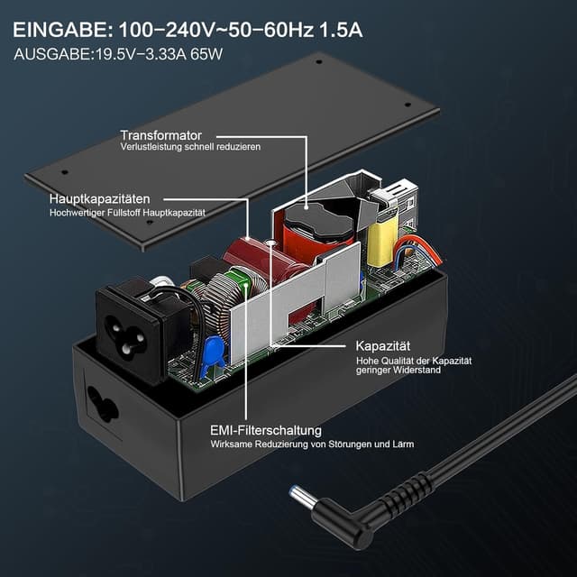 Detalle de 65W Laptop-Ladekabel Netzteil für HP (19,5V 3,33A, 4,5 x 3,0 mm) – passend zu ausgewählten Pavilion x360, ProBook, Envy & mehr