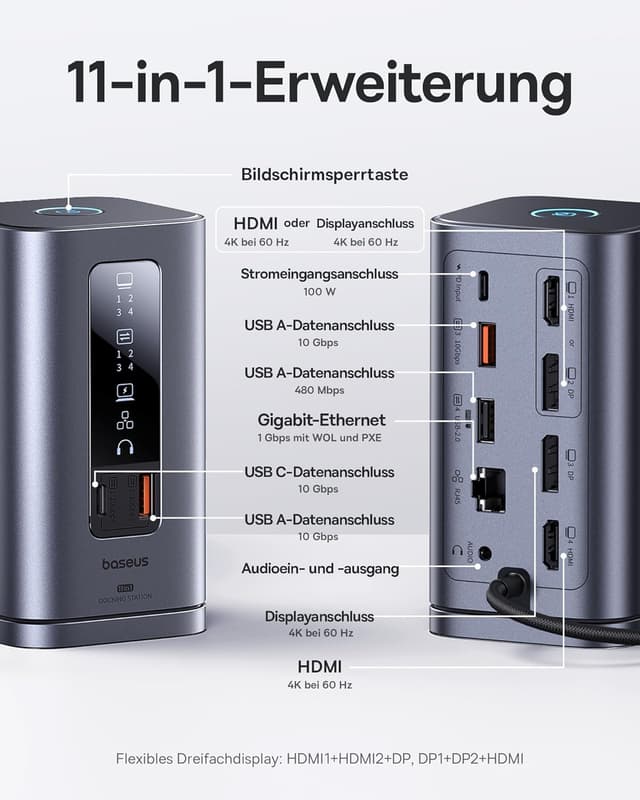 Detalle 2 de Baseus Spacemate 11-in-1 Dockingstation mit 100-W-Ladegerät (3 Monitore, 2x HDMI, 1x DP, USB-C/USB-A, Gigabit Ethernet)