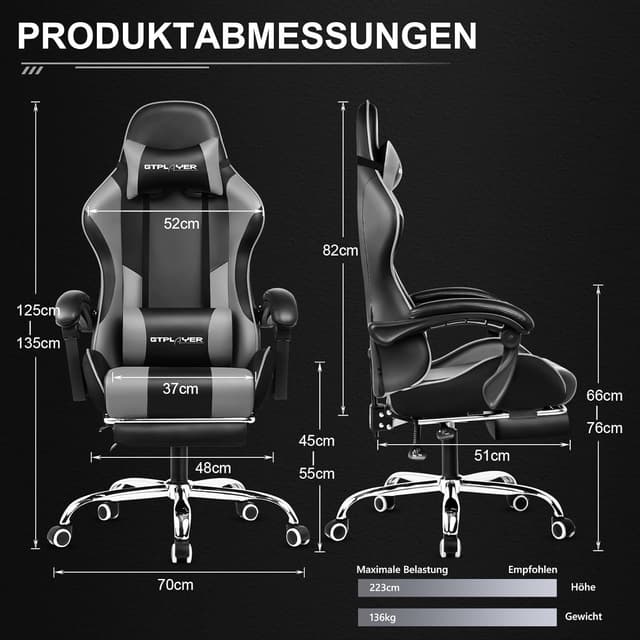 Detalle de GTPLAYER Chaise de jeu ergonomique pivotante avec appuie-tête, coussin lombaire et repose-pieds (jusqu’à 150 kg) – Gris