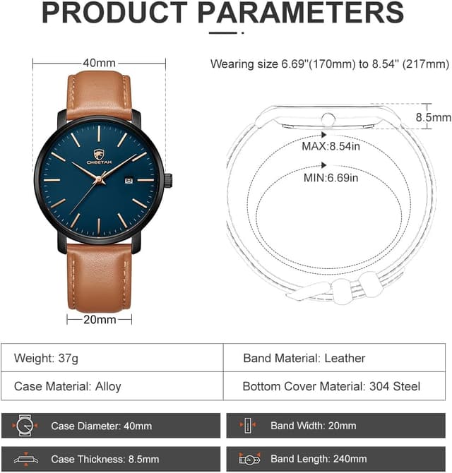 Detalle de CHEETAH Minimalistische Herren-Uhr mit Quarzwerk, Lederarmband und Datumsanzeige (3 ATM)