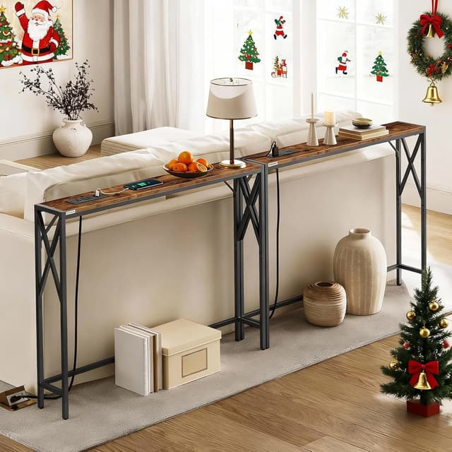 Detalle de MAHANCRIS 2 Pack Console Table with Charging Station (100 cm narrow entryway table) in Rustic Brown