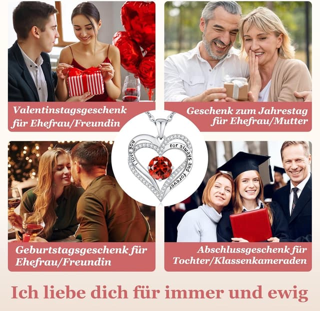 Detalle de CDE Damen Herz-Anhänger-Halskette mit 12 Geburtssteinfarben (925 Silber oder Messing)