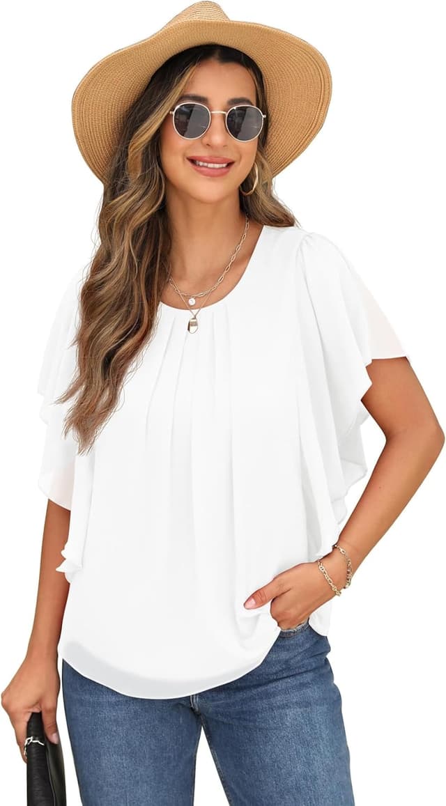 Detalle de QIXING Chiffon Kurzarmbluse Damen mit Fledermausärmel – Sommor Top im Rundhals-Design