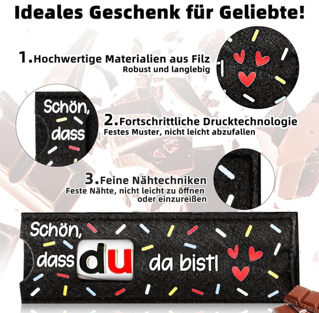 Detalle 2 de Giftota 12er Set Filz-Geschenkhüllen „Schön dass du da bist“ (ohne Schokolade) für Gastgeschenke