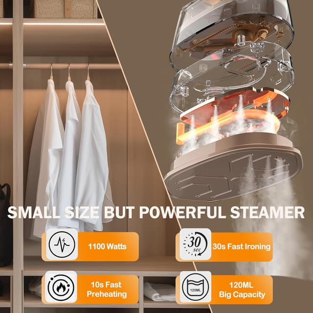 Detalle 2 de Liebssen Portable Clothes Steamer 1100W with 120ml Tank, 15s Fast Heat Up, 4 Steam Levels