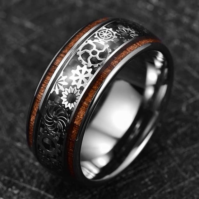 Detalle de TUNGSTORY Wolfram Ring Herren 10 mm Schwarz/Silber Steampunk Zahnräder – mit Holzoptik