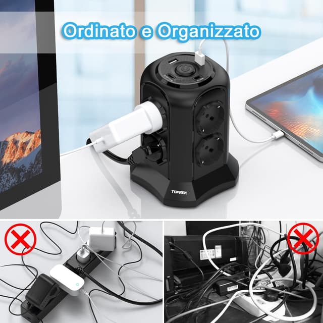 Detalle de TOPREK Multipresa Verticale con 8 prese universali ITA/Schuko e 4 USB (2 USB-C e 2 USB-A) 4000W/16A, nera
