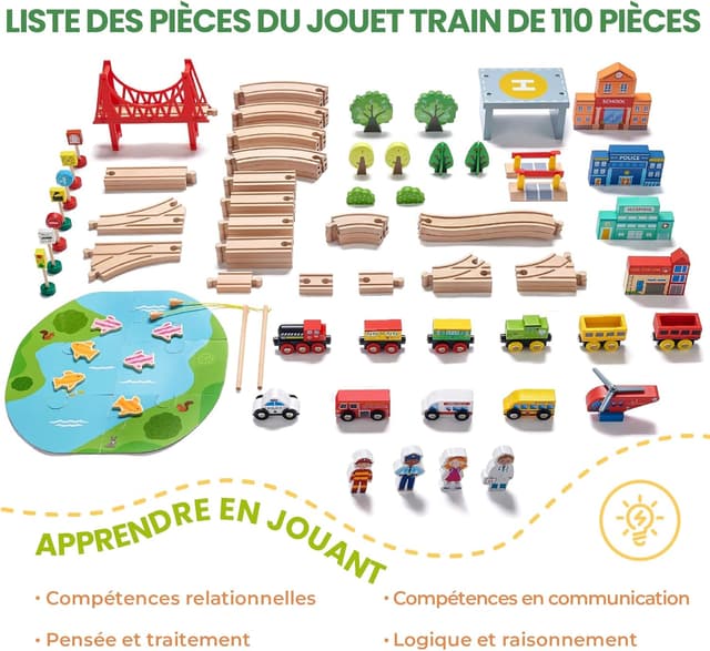 Detalle de Tiny Land Kit de chemin de fer en bois 110 pièces pour enfants de 3 à 7 ans