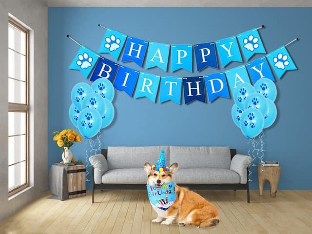 Detalle de SUOXU Dog Birthday Party Supplies set with hat, bandana, bow tie, banner, balloons and ribbon