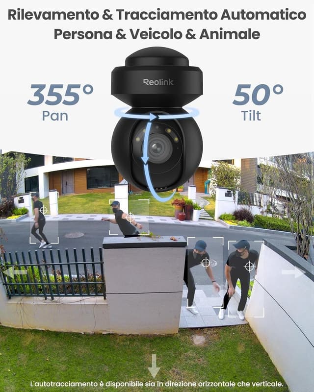 Detalle de Reolink E1 Outdoor 5MP Wi‑Fi esterna con PTZ 355°/50°, 3x zoom e audio bidirezionale