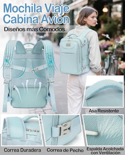 Detalle 1 de LYNXCHER Mochila de cabina para avión 40x20x25 cm (compatibilidad estilo Ryanair) con espacio para portátil de 14” y 20 L, celeste