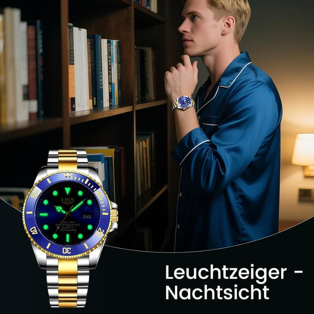 Detalle de LIGE Herren-Uhr analog aus Edelstahl mit Quarzwerk, Kalenderfunktion und 3ATM Wasserschutz