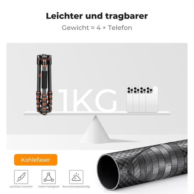 Detalle de K&F CONCEPT A225C0+BH-25L Carbon-Stativ (152 cm) mit 360° Kugelkopf – leicht & flexibel für Foto, Reise und Sport
