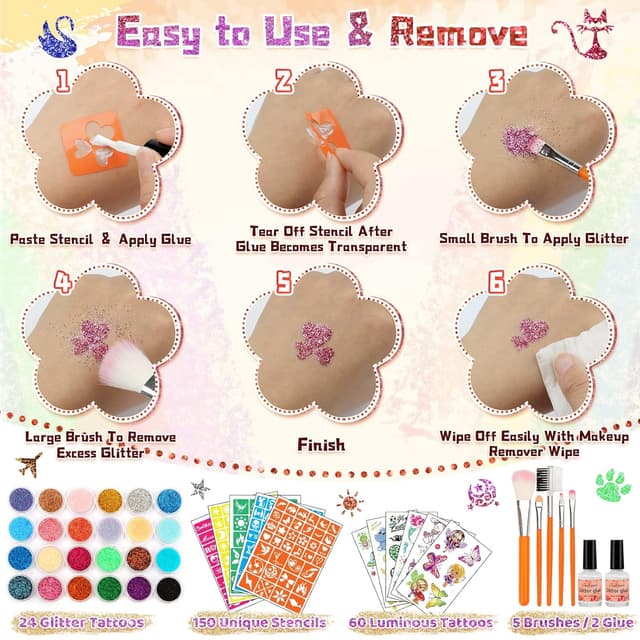 Thumbnail 6 de AUKZON Glitzer Tattoo Set Kinder – temporäre Glitzertattoos mit 24 Farben & 150 Schablonen