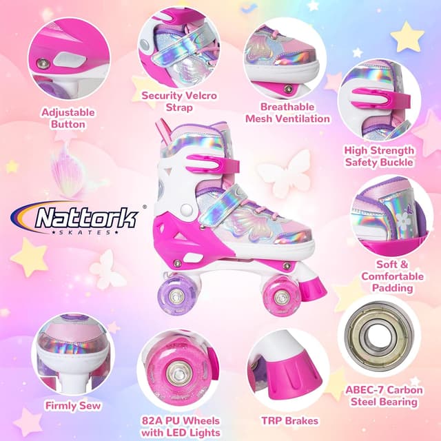 Detalle de Nattork Kids Roller Skates (Adjustable Quad Skates, 4 Sizes) with Light-Up Butterfly & Flower Wheels