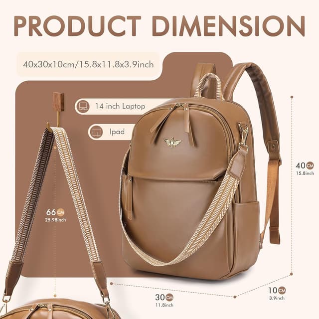 Detalle de BAGZY Handgepäck-Rucksack 40×30×10 cm mit 14-Zoll-Laptopfach – 2-in-1 Damenrucksack/Handtasche, braun, wasserabweisend