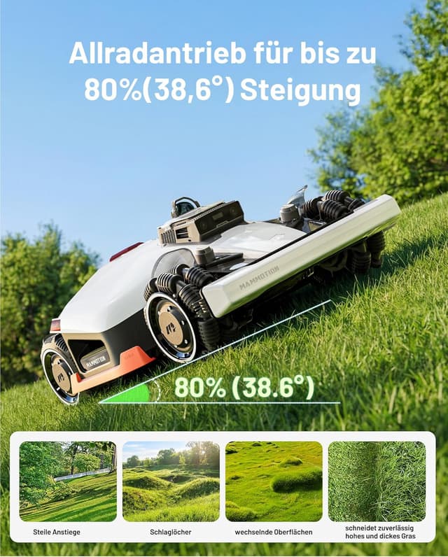 Detalle de MAMMOTION LUBA 3 AWD 1500 Mähroboter mit 360° LiDAR, KI und Mähwerk-Waschstand (AWD bis 80% Steigung)