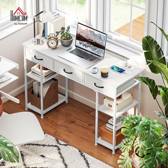 Detalle de HOMCOM Bureau d’ordinateur blanc 120 x 40 cm avec station de charge USB et 3 tiroirs en tissu