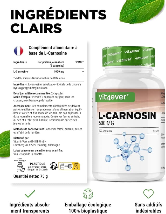 Thumbnail 4 de L-Carnosine 120 capsules - 1000 mg par jour