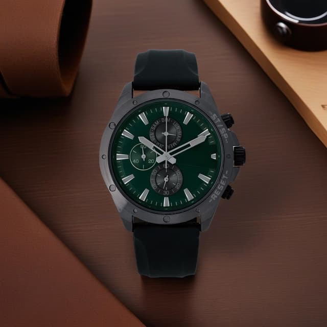 Detalle de NUOVO Herren Analog-Quarzuhr mit Chronographen-Design und grünen Zifferblatt (Silikon- oder Lederarmband)