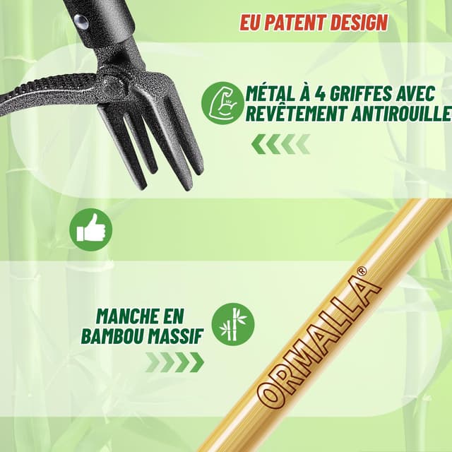 Detalle 2 de Ormalla Désherbeur manuel 1,1 m à arracher le pissenlit, manche en bambou naturel et 4 griffes métalliques