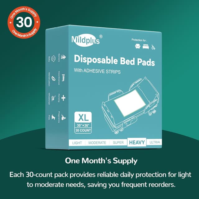 Thumbnail 6 de MILDPLUS Bed Pads with Adhesive Strips 30'' x 36'' (30 Count) — Extra-Large Disposable Underpads