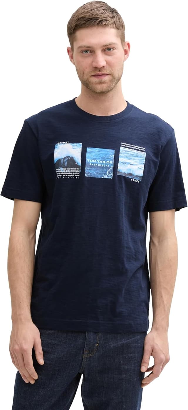 Detalle de Tom Tailor 1046712 T-Shirt da uomo in cotone jersey con stampa frontale (confezione da 1)