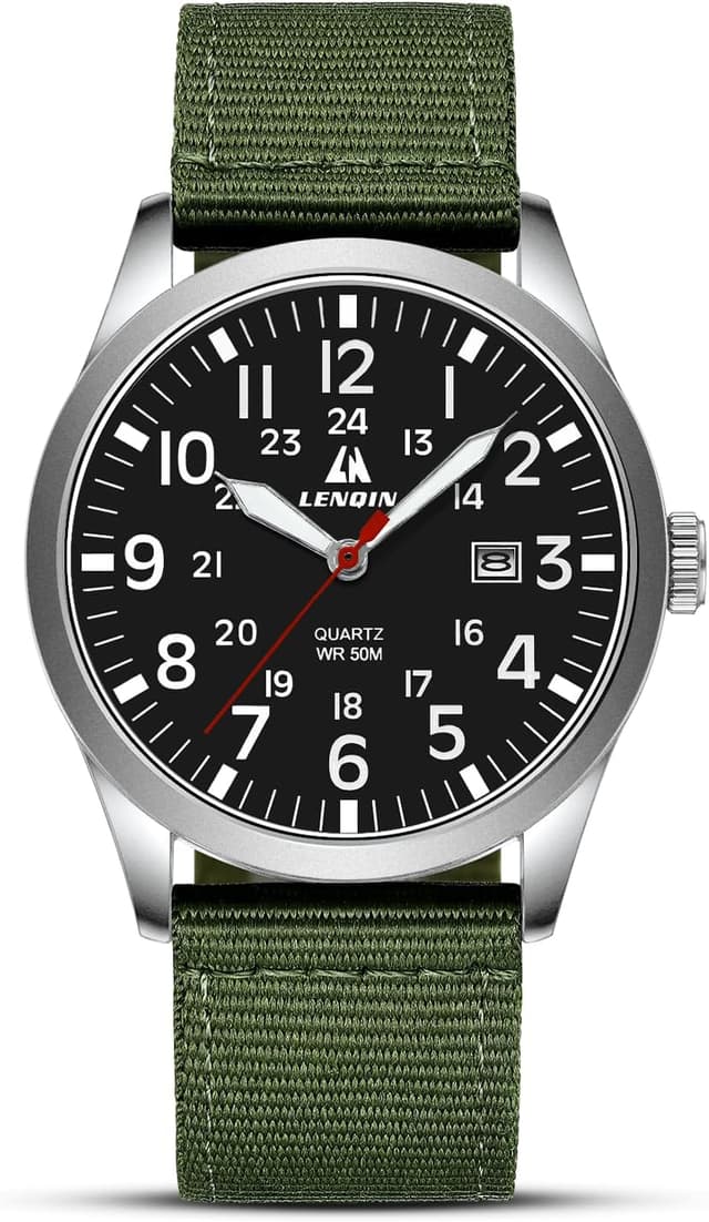 Detalle de LN LENQIN men’s military-style analog quartz watch with date, 42mm steel case & nylon strap (water-resistant 3 ATM)