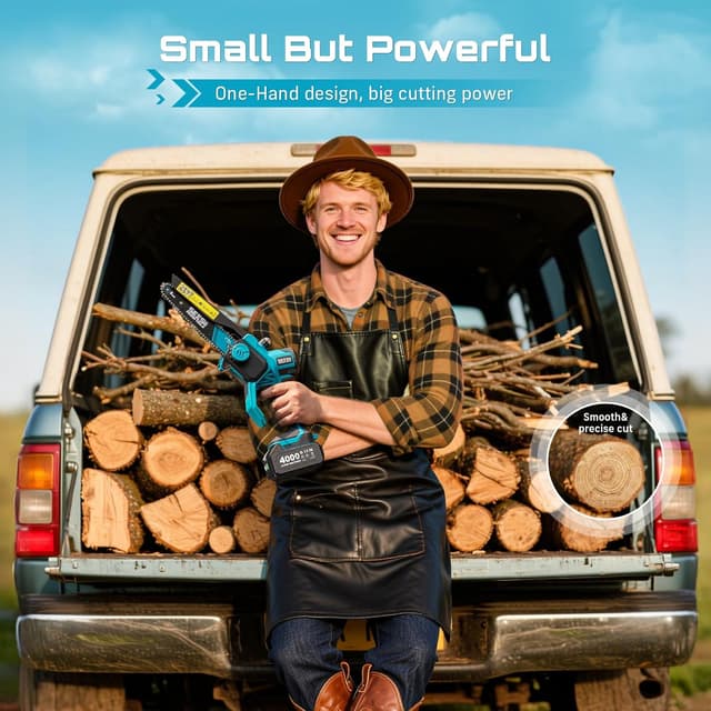 Detalle de SEESII 8-Zoll Akku-Mini-Kettensäge (bürstenloser Motor, 2× 4000 mAh) – kabellos & werkzeuglose Kettenspannung