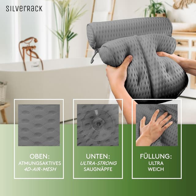 Detalle de SilverRack Badewannenkissen MEDIUM-WEICH (Grau 4D) – Nackenkissen mit Saugnäpfen für die Badewanne