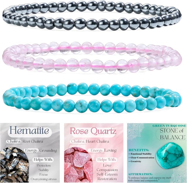 Detalle de Set Bivei da 3 bracciali con pietre naturali: ematite, quarzo rosa e turchese verde, elastici e fatti a mano