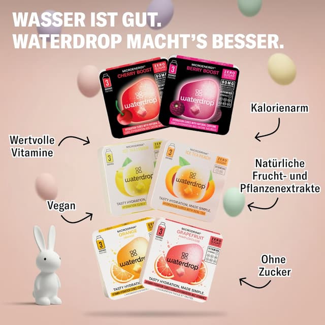 Detalle de waterdrop® Starter Set 600 ml Trinkflasche mit 18 zuckerfreien Microdrinks (Edelstahl, kohlensäuregeeignet)