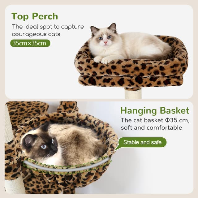 Detalle de Globlazer Kratzbaum Leoparden (167 cm) mit breiter gepolsterter Plattform – XL Katzenhaus, Kratzstangen & Spielzeug