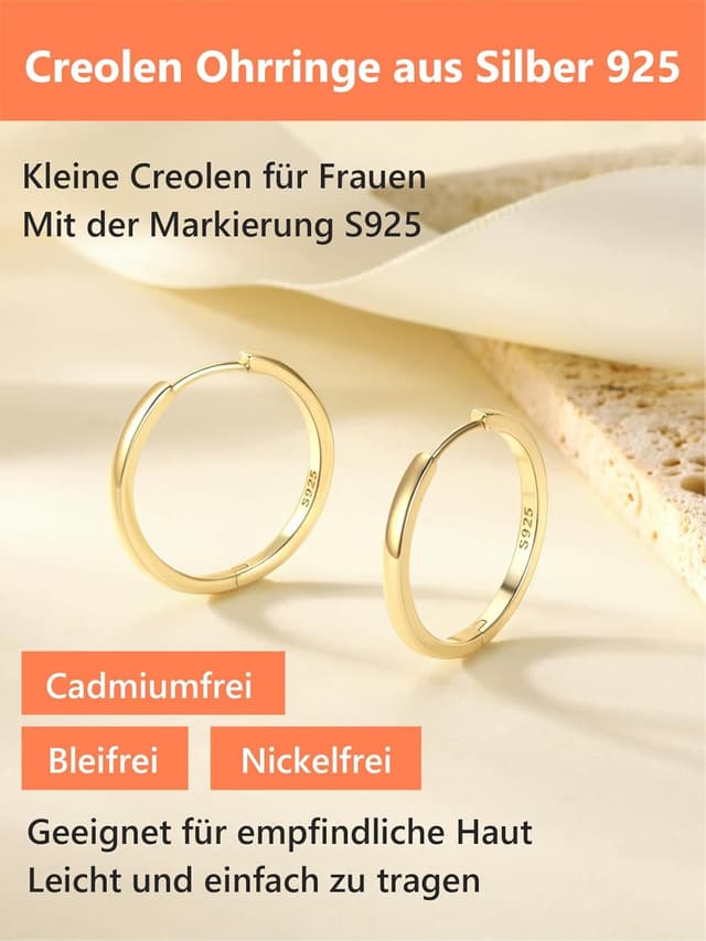 Detalle de Silvora Kleine Creolen aus 925 Silber (6–20 mm) – Huggie Hoop Ohringe für Damen & Herren