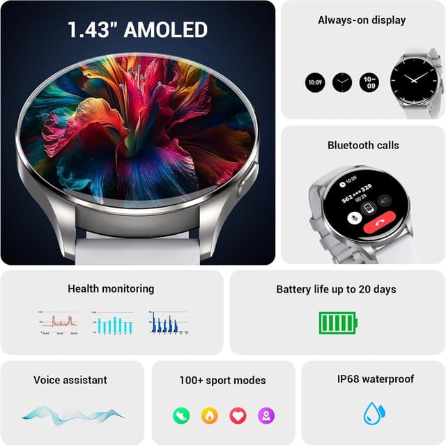 Detalle 2 de Smart Watch for Men & Women with 1.43" AMOLED Always-on Display, Bluetooth Calls & 100+ Sports Modes (IP68)
