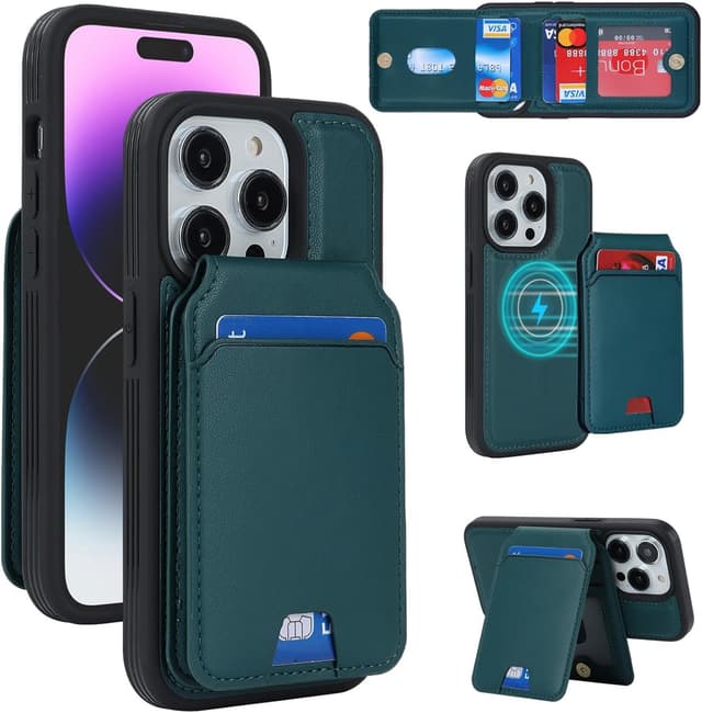 Detalle de Zouzt for iPhone 14 Pro Detachable 2-in-1 Wallet Case with Card Holder (MagSafe) – Green