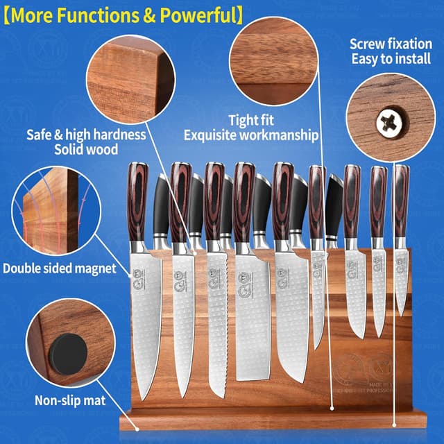 Detalle de XYJ Extra Large Magnetic Knife Block (Acacia Wood) – Double-Sided Holder with Strong Magnetic Strip, No-Drill Storage