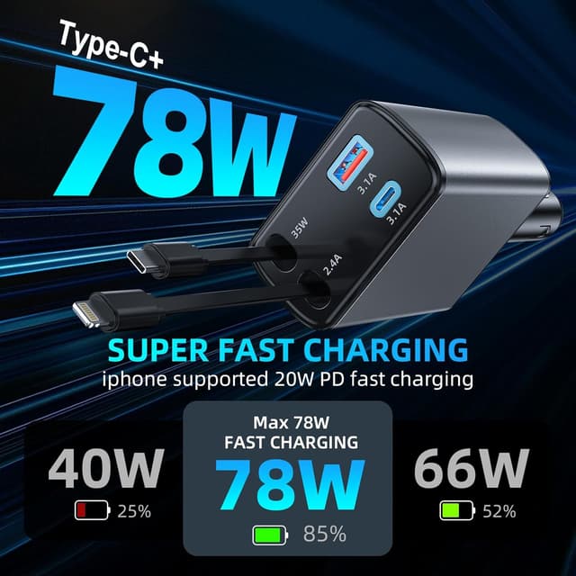 Detalle 2 de 78W 4 in 1 caricatore auto USB-C retrattile con PD 3.0 e QC3.0