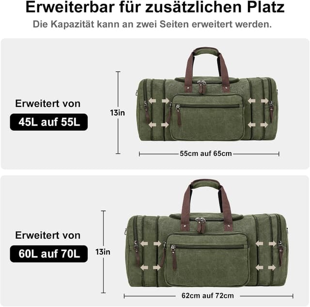 Detalle de Erweiterbare Reisetasche 70L – große Sporttasche mit ausziehbarer Länge (Oliv)