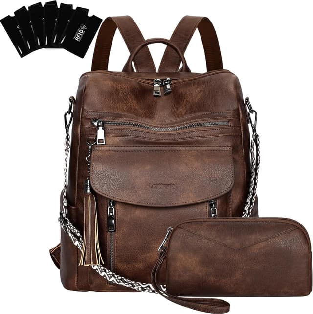 Detalle de LEASOUL Damen Rucksack-Set wasserfest mit Diebstahlschutz & veganem Leder – Cityrucksack mit Handgelenktasche