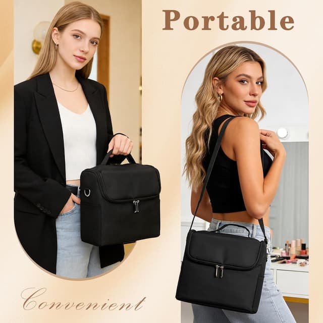 Detalle de MomTend Makeup Organiser Bag Vanity Case with 4 Trays, Shoulder Strap and Black Beauty Box Storage