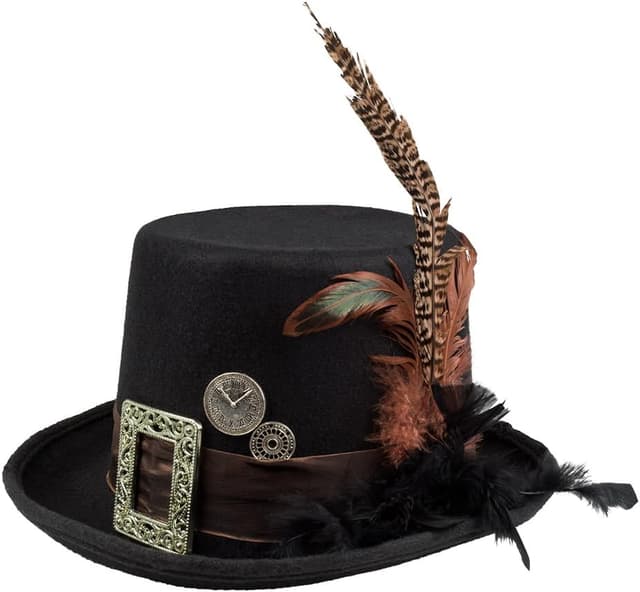 Detalle de Boland Steampunk-Plumepunk Hut mit Zahnrädern (Schwarz) – Accessoire für Kostüm, Mottoparty, Karneval & Halloween