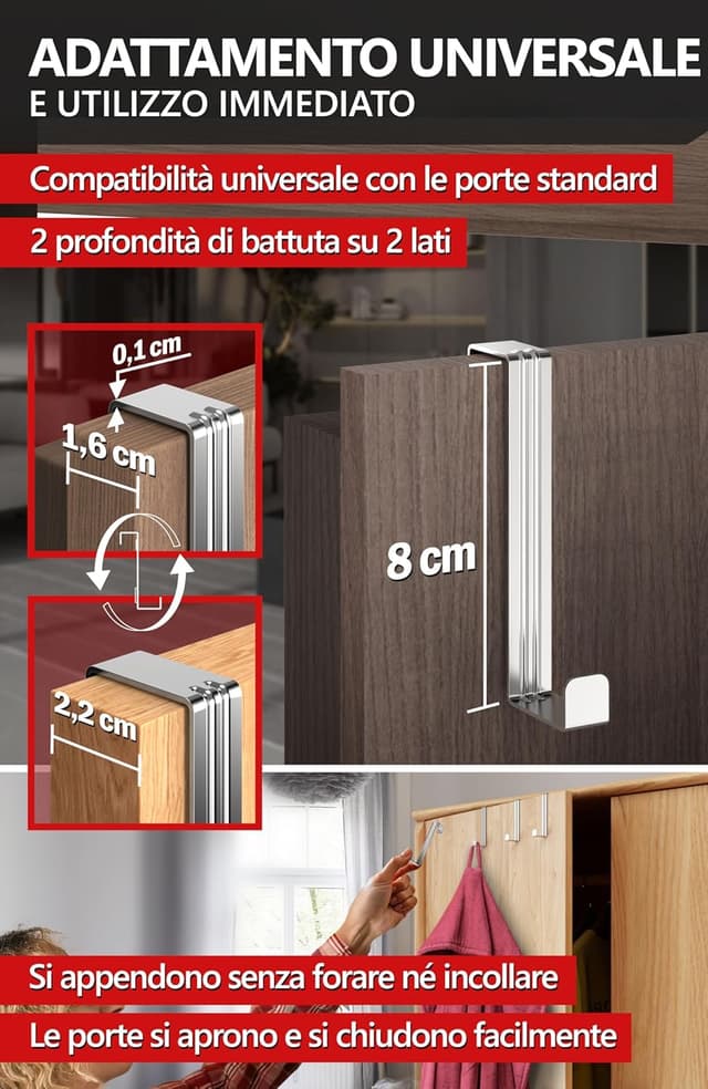 Detalle de 4smile Appendiabiti da porta in argento, set da 4 ganci in acciaio inox con fissaggio flessibile